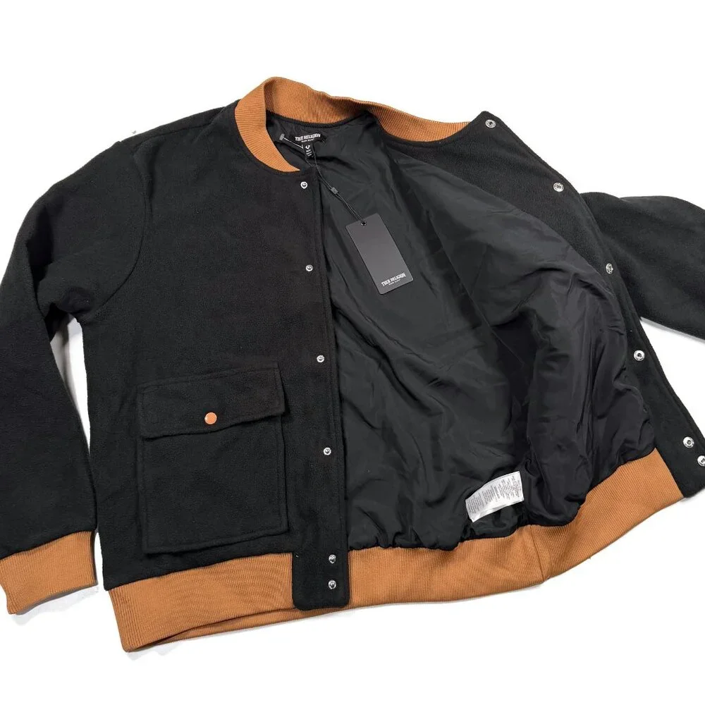 True Religion Black Fleece Bomber Jacket Mens Medium Embossed Logo Snap NWT‎
